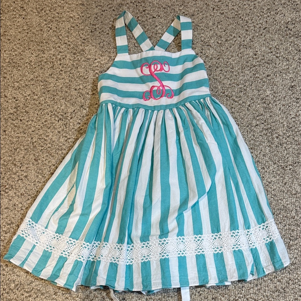 Charming Striped Kids Dress in Teal and White